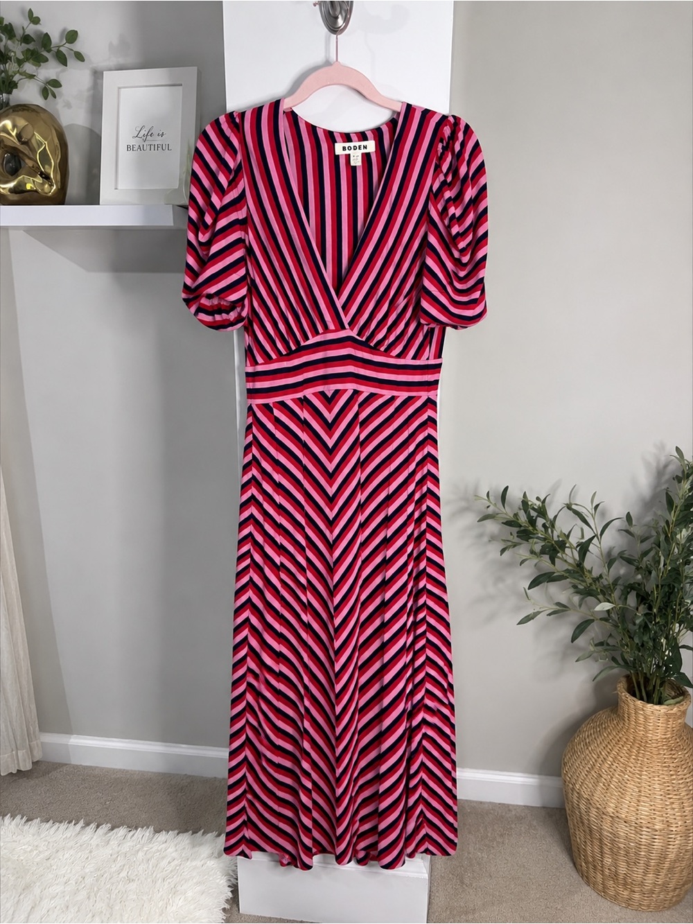 Boden Striped Puff Sleeve Midi Dress Size 4R Pink Red Navy - Picture 4 of 8